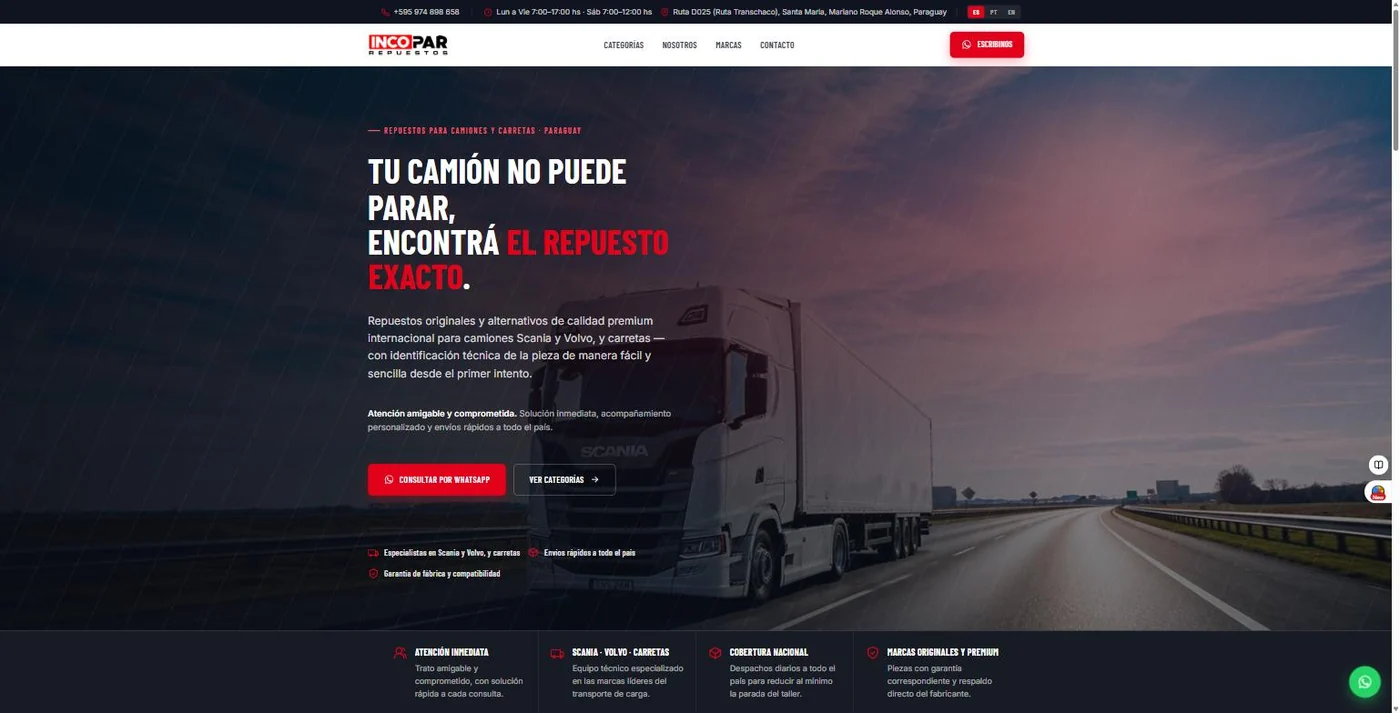 Captura del sitio de Incopar Repuestos