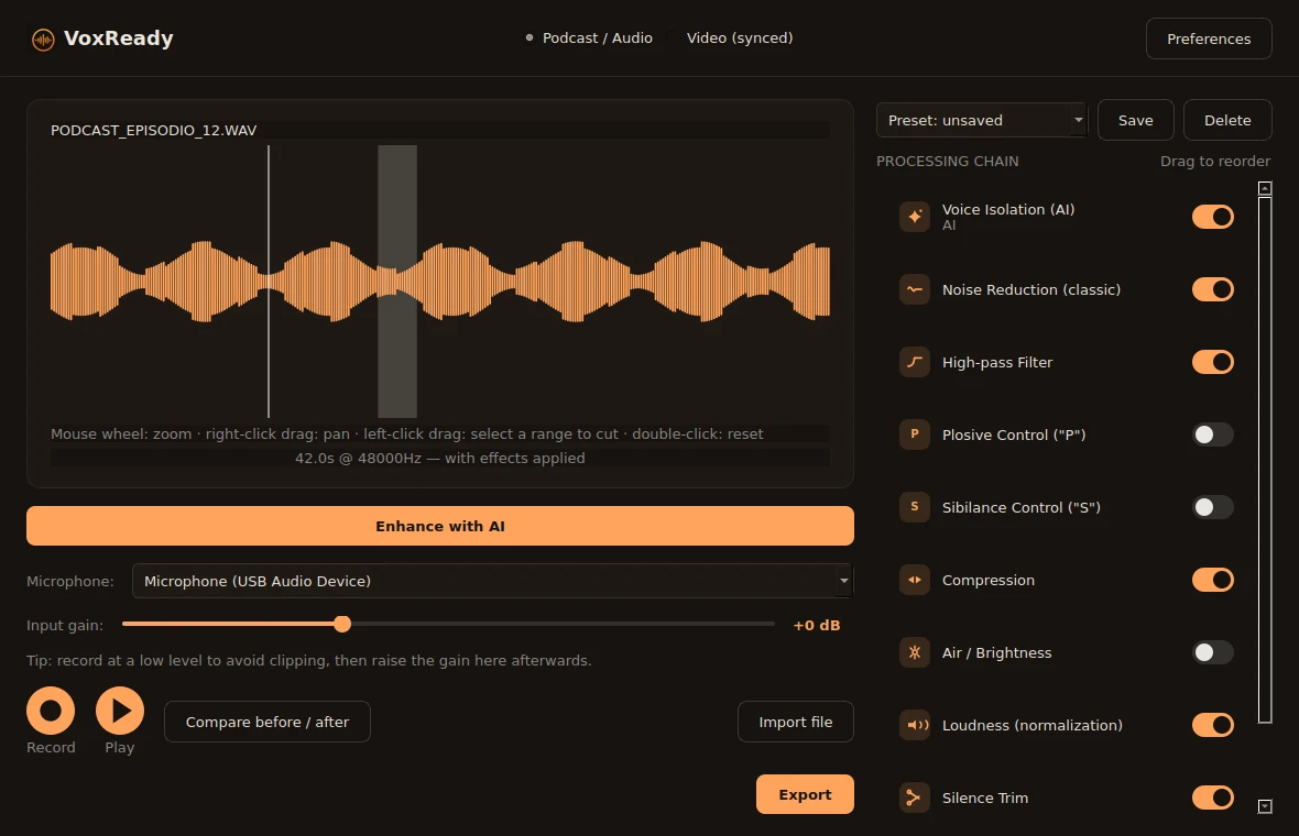 VoxReady main window: waveform with a selection, the processing chain with AI voice isolation, noise reduction, compression and loudness enabled